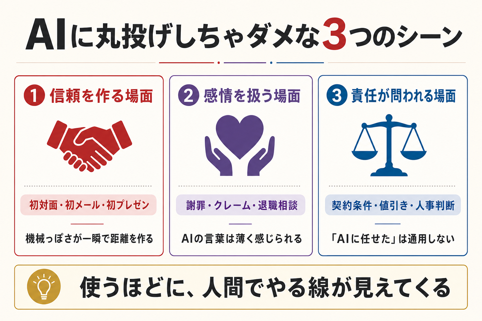 AIに丸投げしちゃダメな3つのシーン（信頼を作る／感情を扱う／責任が問われる）
