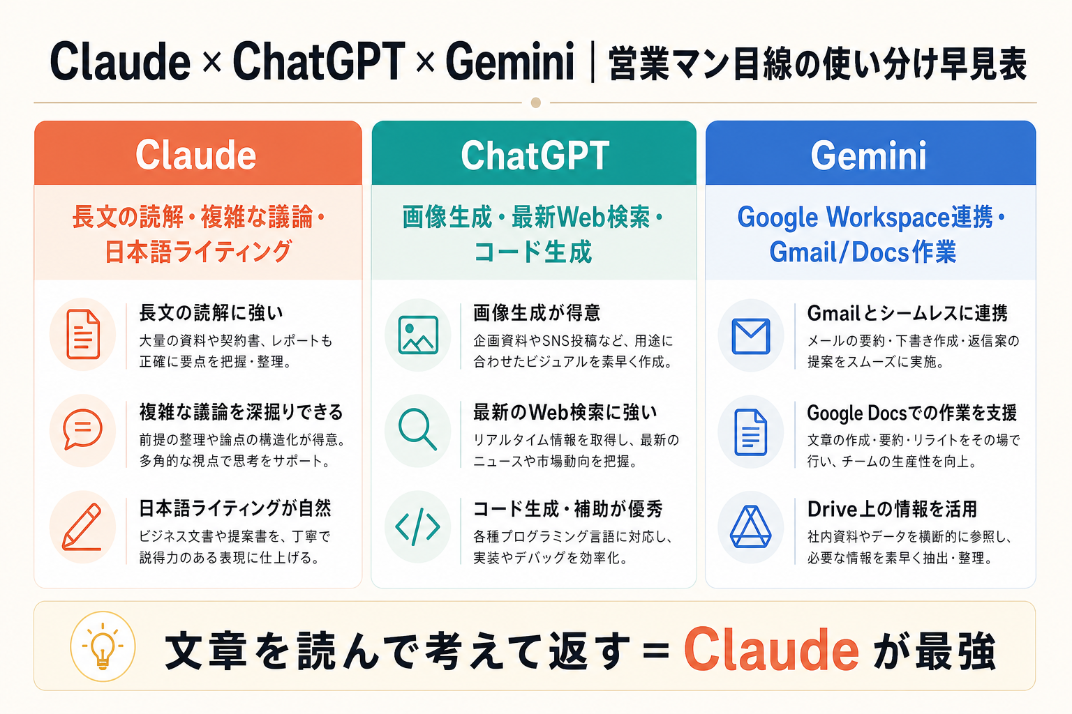 Claude・ChatGPT・Gemini を営業マン目線で使い分ける早見表